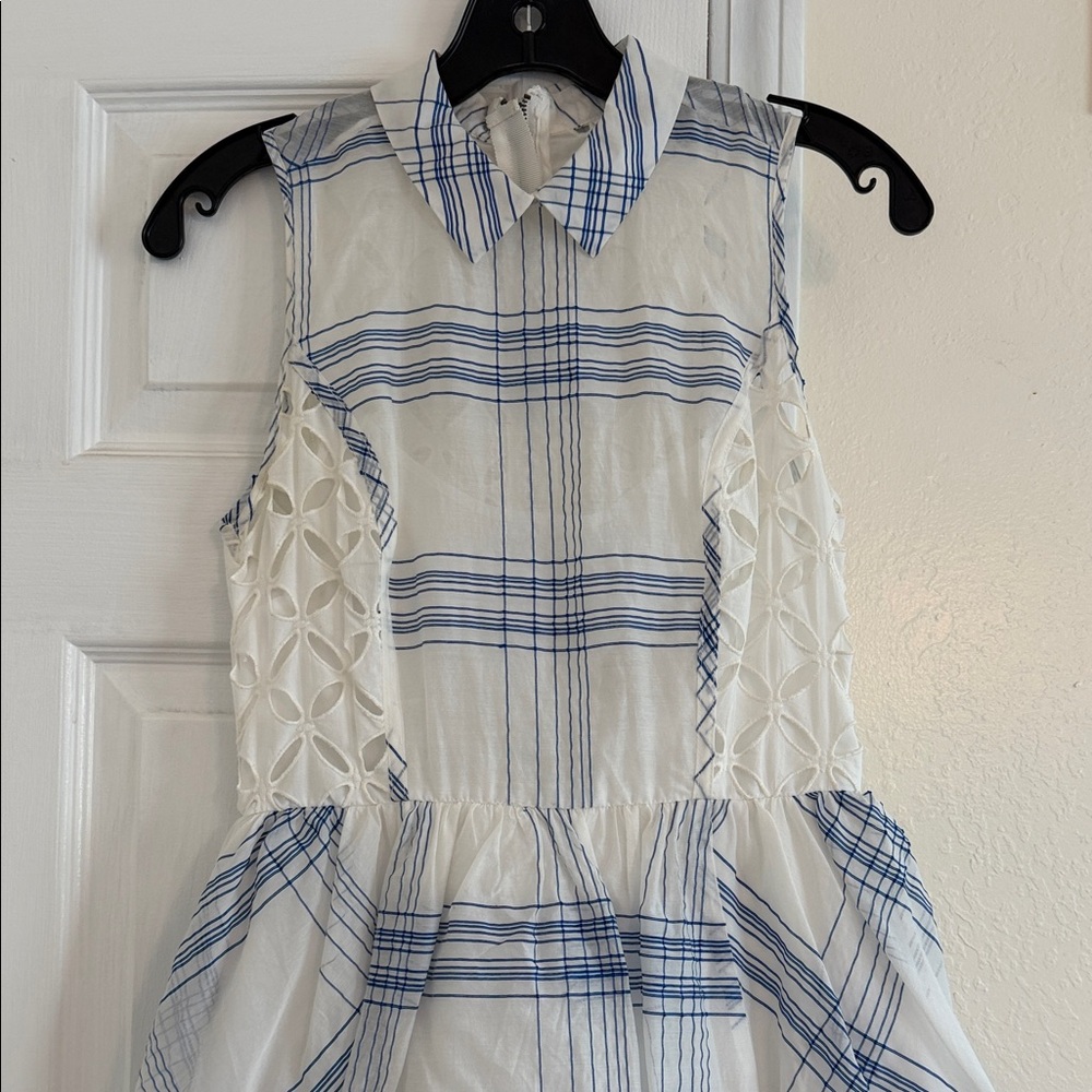 Anthropologie White Sleeveless Plaid Dress with Blue Stripes
